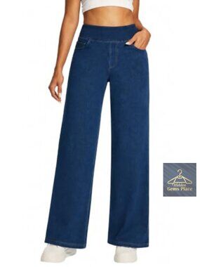 Wide Leg Pull On Jeans High Rise Stretch Denim 5 Pocket Office Wear